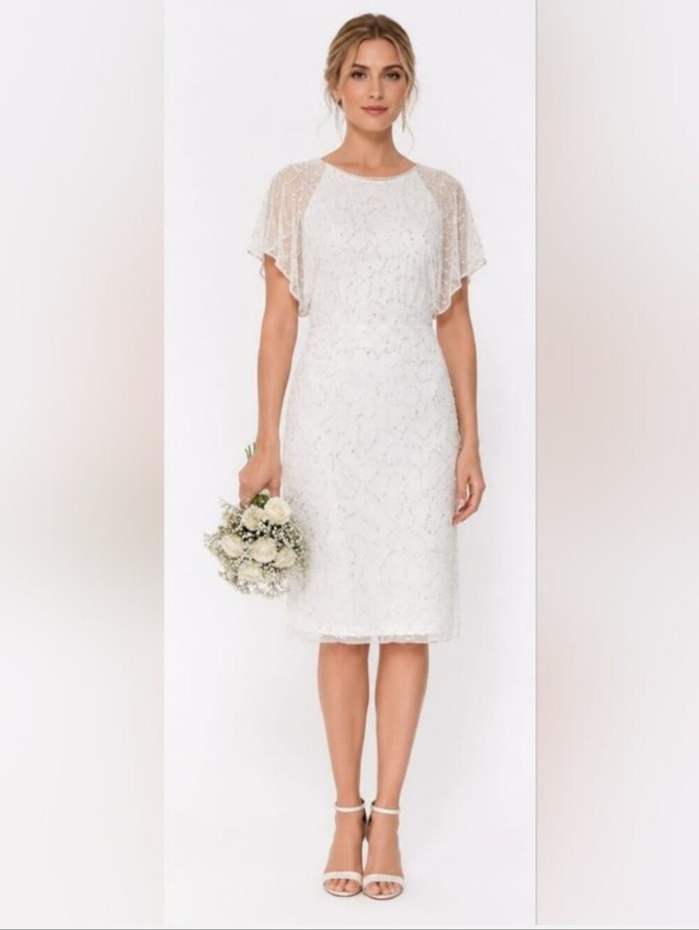 Adrianna Papell White Sequin Dress Flutter Sleeves Size 10 NWT